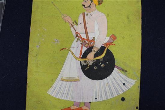 19th century Indian School, gouache on card, portrait of a warrior holding a bow and arrow,